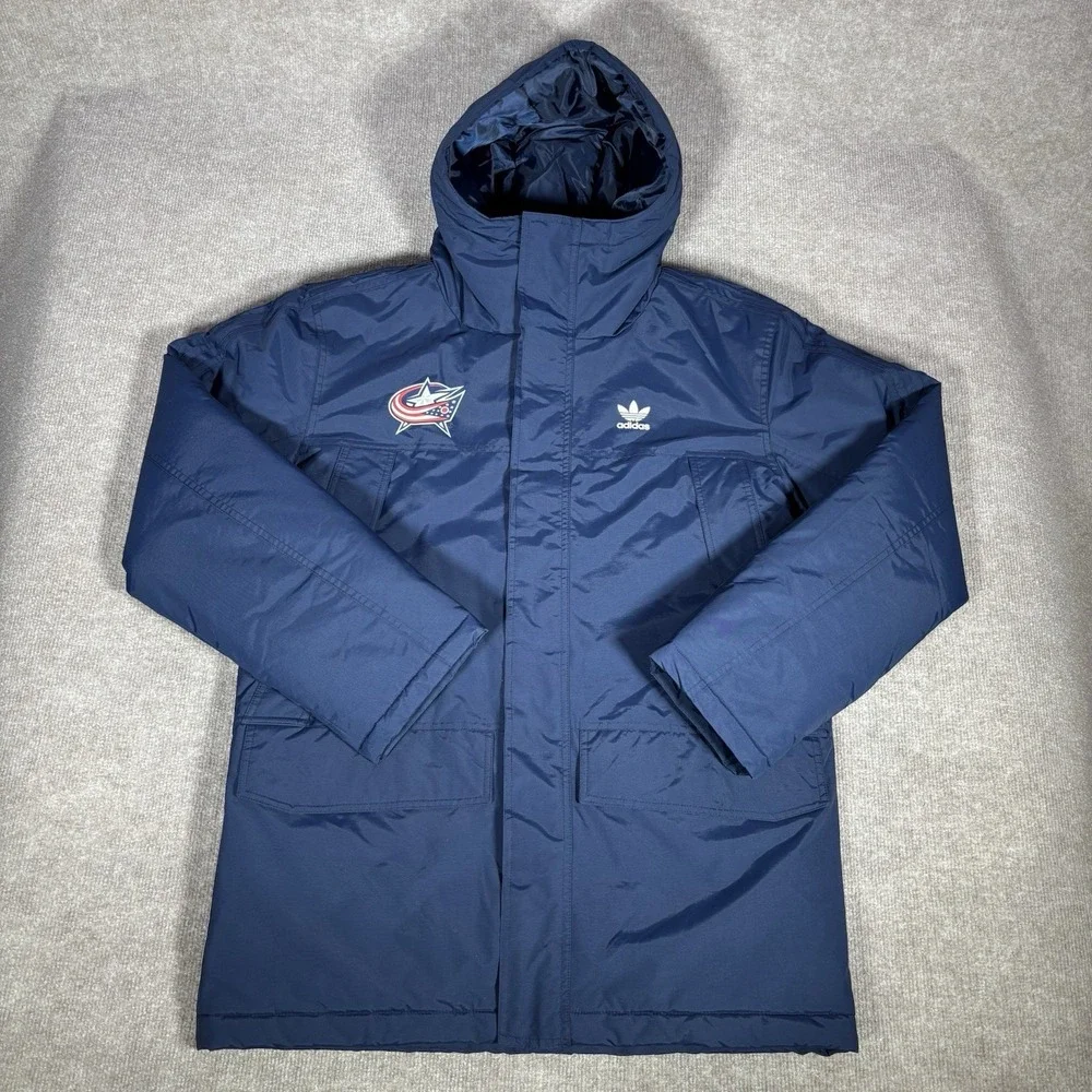Adidas Columbus Blue Jackets Jacket Mens M Blue Padded Parka‎ Coat Logo New NWT